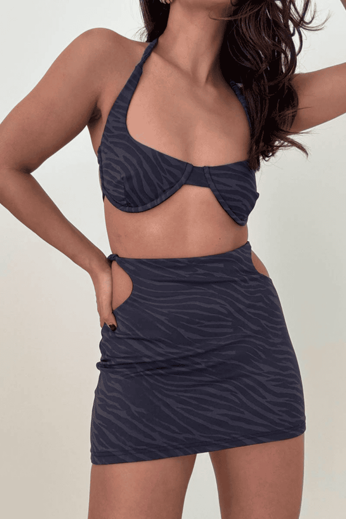 Woman modeling zebra-print two-piece outfit.